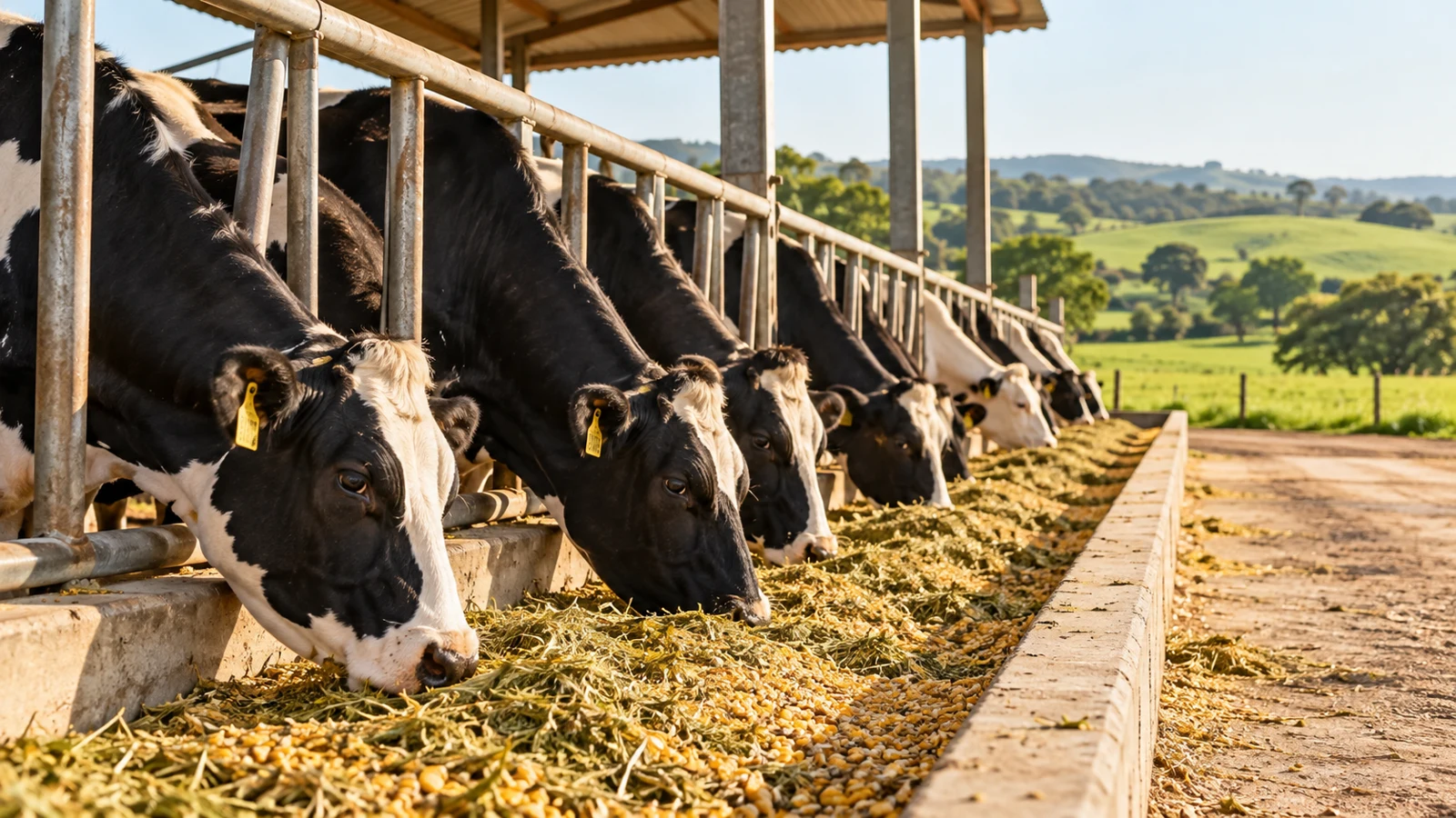 Bovinos se alimentando em uma fazenda